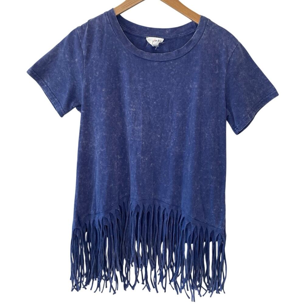 BIBI Boho Festival Mineral Wash Fringe Short Sleeve Blue Cotton Tee Shirt Small